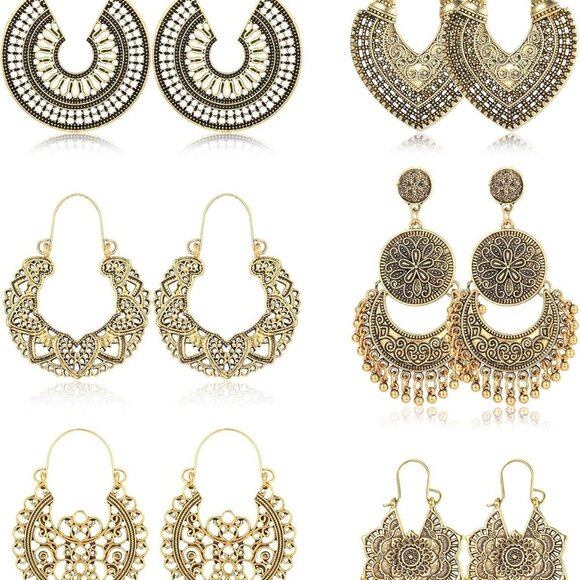 6 Pairs Vintage Bohemian Drop Dangle Earrings Boho National Style Hollow Petal H - Picture 1 of 7